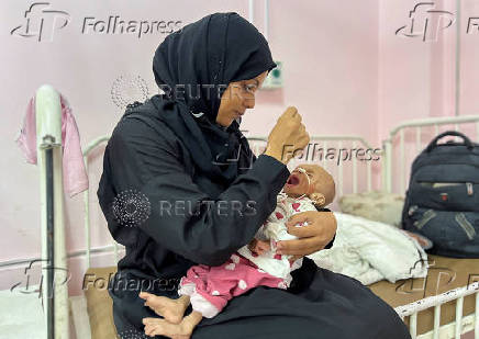 Zainab Abu Haleeb, a five-month-old Palestinian girl diagnosed with malnutrition, according to medics, receives treatment at Nasser hospital in Khan Younis, in the southern Gaza Strip