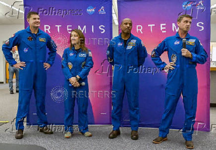 Artemis II crew members attend a press conference at the Kennedy Space Center Press Site in Cape Canaveral