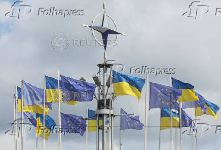Ukrainian and European flags fly in central Kyiv