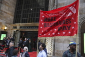 People protest outside fundraiser for the Manhattan Institute at Cipriani 42nd Street