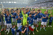 Lech Poznan team celebrate their Polish Extra League championship title