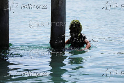 A man swims in the Euphrates River during a hot day in Raqqa