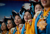 Tibetans mark the 90th birthday celebration of their spiritual leader, the Dalai Lama, at Jawalakhel Handicraft Center in Lalitpur