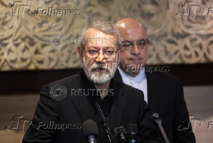 Iran's Supreme National Security Council Secretary Ali Larijani speaks after meeting with Lebanese Parliament Speaker Nabih Berri, in Beirut
