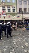 Police stands guard during clashes between Chelsea FC and Real Betis soccer fans, ahead of  Conference League final in Wroclaw
