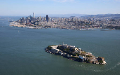 Aerial view of Alcatraz Prison in San Francisco Bay
