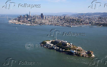 Aerial view of Alcatraz Prison in San Francisco Bay