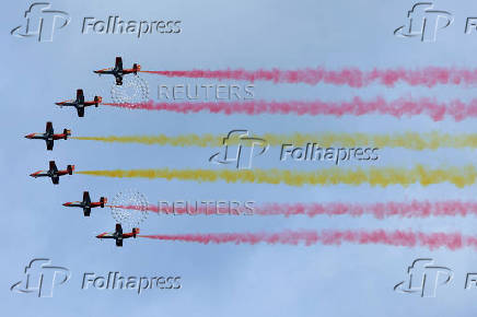 The Spanish Air Force aerobatic group Patrulla Aguila (Eagle Patrol) fly during training ahead of Armed Forces Day