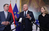 Chancellor Stocker, Vice-Chancellor Babler and Foreign Minister Meinl-Reisinger address the media before a cabinet meeting in Vienna