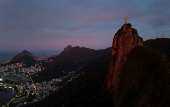 A drone view shows the statue of Christ the Redeemer on top of the Corcovado mountain in Rio de Janeiro