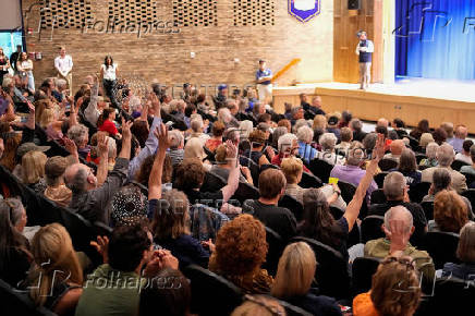 U.S. Congressman Mike Lawler (R-NY) attends a town hall meeting in Mahopac, New York