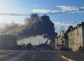 Smoke is seen following Ukrainian drone attack in Sergiyev Posad