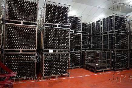 Boxes of wine are stored at the Petrolanda winery in Fuenmayor, Rioja region