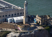 Aerial view of Alcatraz Prison in San Francisco Bay