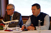 IndiGo's CEO Pieter Elbers and Delta Air Lines CEO Edward Herman Bastian attend a press conference at an annual meeting of the International Air Transport Association (IATA) in New Delhi