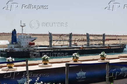 A ship moves through the Suez Canal, on the Excellence Day, in Ismalia