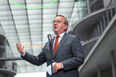 German Defence Minister Pistorius and German Economy and Energy Minister Reiche address the media following the weekly cabinet meeting in Berlin