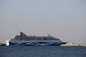 A view of the Crown Iris, a vessel which will be used to assist in the departure of Israelis from Cyprus,  is seen at the port of Larnaca,
