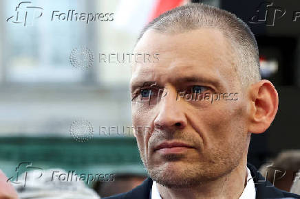 Siarhei Tsikhanouski attends a rally organised by Belarusian diaspora in Warsaw