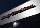 The logo of Harley-Davidson is seen at the entrance of an Harley-Davidson motocycles dealership near Brussels