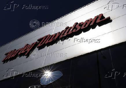 The logo of Harley-Davidson is seen at the entrance of an Harley-Davidson motocycles dealership near Brussels
