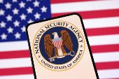 Illustration shows United States National Security Agency (NSA) logo and U.S. flag
