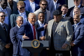 US President Donald Trump greets the 2025 Super Bowl champion Philadelphia Eagles