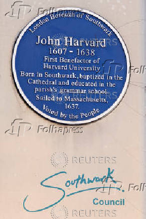 A John Harvard blue plaque is seen outside the John Harvard Library on Borough High Street, London