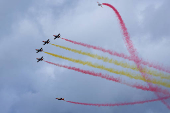 The Spanish Air Force aerobatic group Patrulla Aguila (Eagle Patrol) fly during training ahead of Armed Forces Day