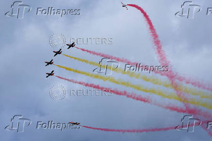 The Spanish Air Force aerobatic group Patrulla Aguila (Eagle Patrol) fly during training ahead of Armed Forces Day