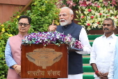Indian Prime Minister Narendra Modi addresses the media ahead of Parliament monsoon session in New Delhi