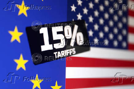 Illustration shows U.S. and EU flags and words 