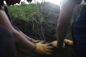 Chilean volunteers combat plastic waste in the Mapocho river, in Santiago
