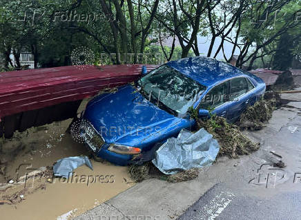 Floods strike the town of Brosteni in Romania