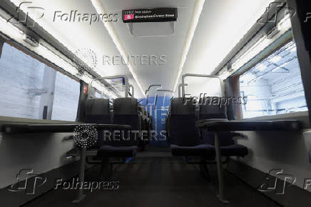 A life size designer's mock up of the interior of an HS2 rail carriage is pictured at The Greatest Gathering, in Derby