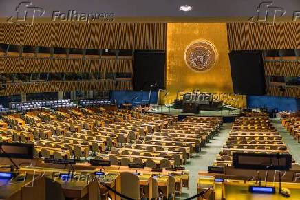 Vista da Assembleia Geral da ONU, na sede das Nações Unidas, em Nova York,