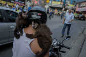 Homem anda com macacos nos ombros na favela da Rocinha