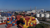 A drone view of shipping containers at Dublin Port, in Dublin