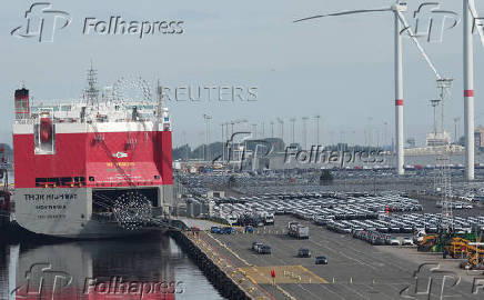 New cars are parked in the port of Zeebrugge