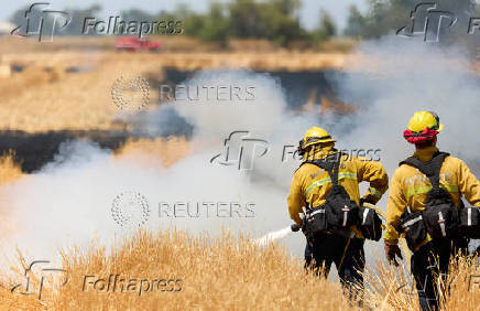 Firefighters battle flames at brushfire in Woodland California
