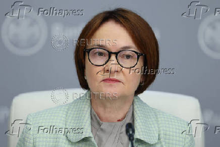 Elvira Nabiullina, Governor of Russian Central Bank, attends a press conference in Moscow
