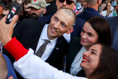 Siarhei Tsikhanouski attends a rally organised by Belarusian diaspora in Warsaw