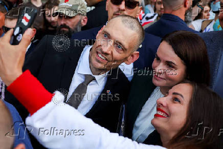 Siarhei Tsikhanouski attends a rally organised by Belarusian diaspora in Warsaw