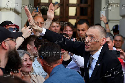 Siarhei Tsikhanouski attends a rally organised by Belarusian diaspora in Warsaw