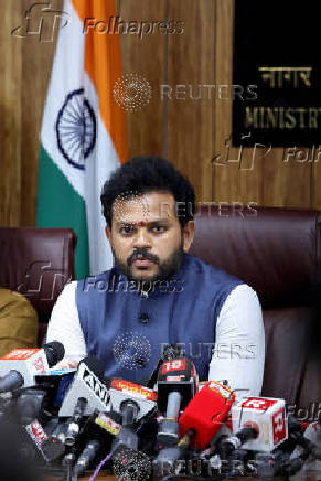 India's Civil Aviation Minister Ram Mohan Naidu speaks during a press conference in New Delhi
