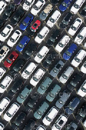 Drone view of new cars parked in the port of Zeebrugge