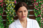 Zainab Khalifeh a Lebanese who turned a part of her home into a restaurant and called it 'Zainab's table' attends an interview with Reuters in the town of Sarafand