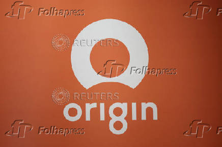 The Origin Energy logo is displayed at their headquarters in Sydney