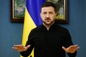 Ukraine's President Zelenskiy speaks during a press briefing, in Kyiv