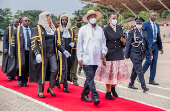 Uganda's President Yoweri Museveni with first lady Janet Museveni arrives for the 2025 State of the Nation Address at Kololo Ceremonial Grounds, in Kampala